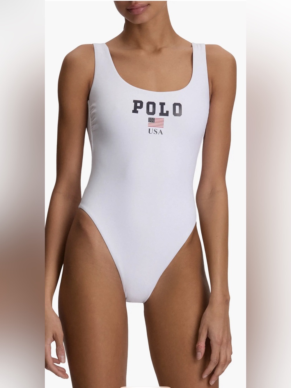 NWT🌷Polo by Ralph Lauren White Scoop-Neck One-Piece Swimsuit with USA Logo